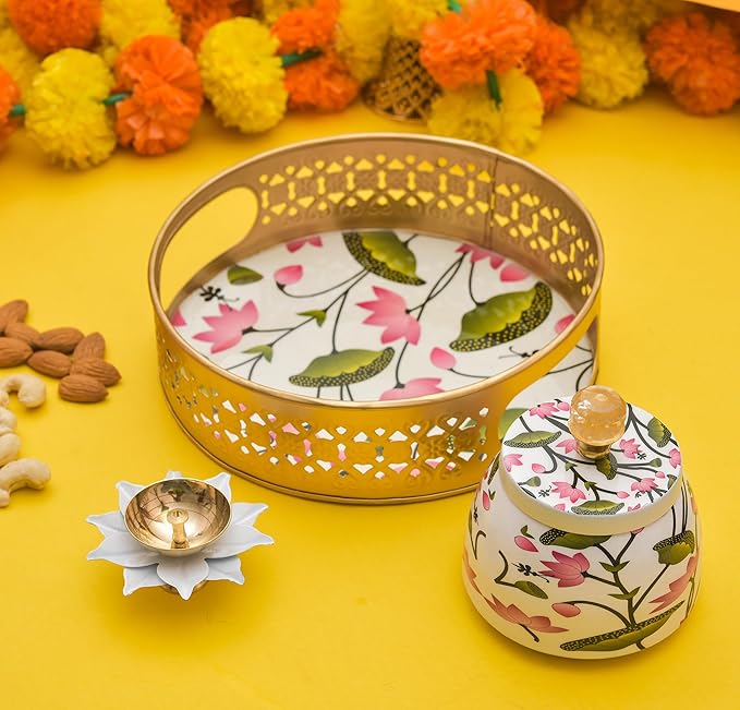 Pichwai Combo Set 3 ( Pichwai Tray + Jar + Diya )