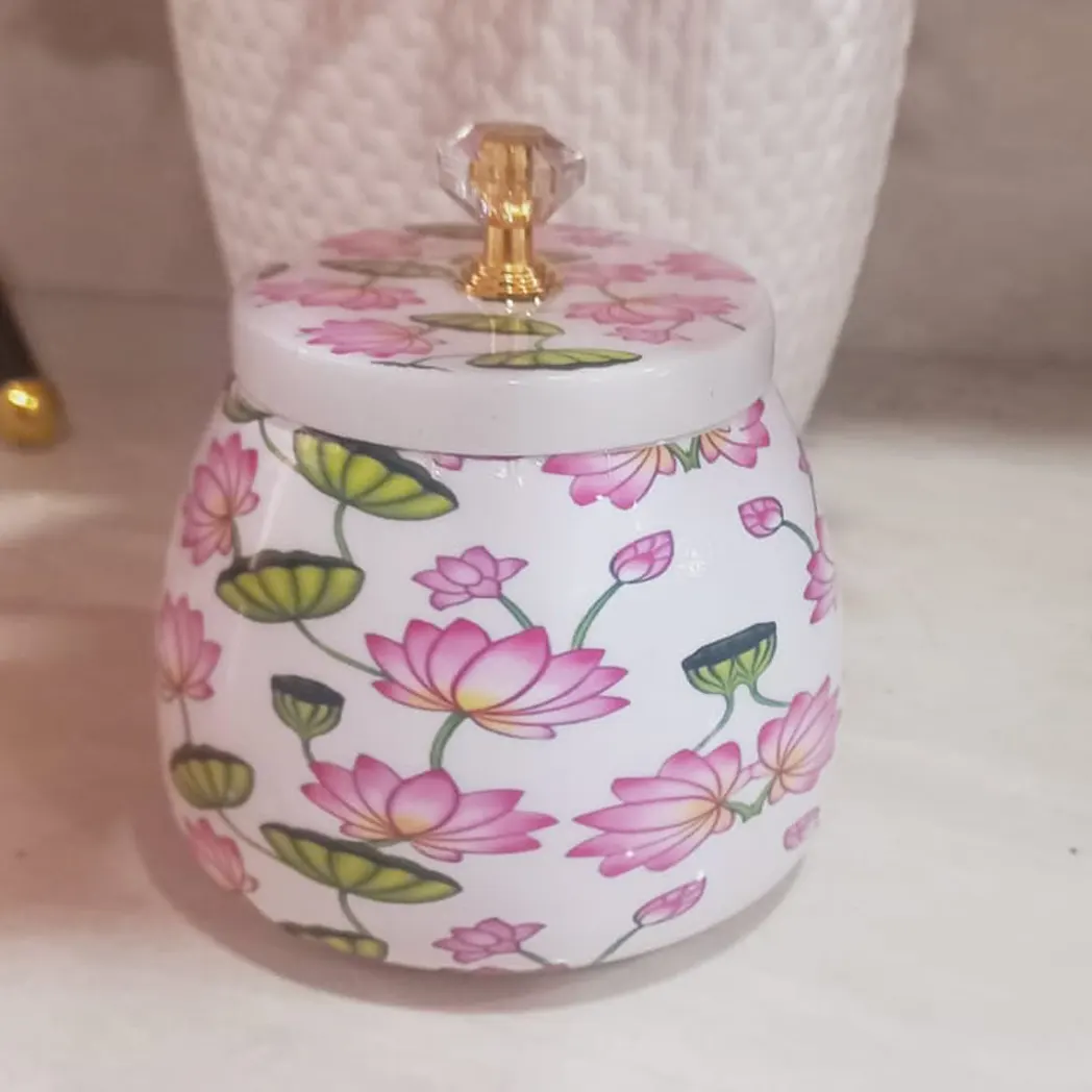 Lotus Pichwai Jar | Decorative Metal Dry Fruit Jar